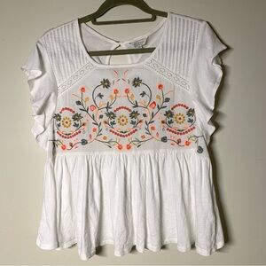 Lucky Brand White Cotton Babydoll Blouse Embroidered Boho Cottagecore  Size M